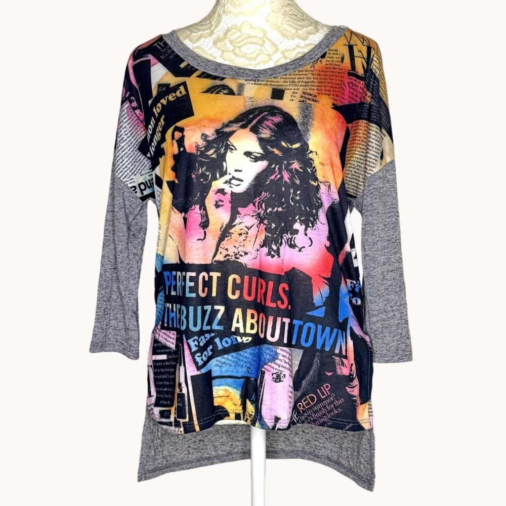 Sweet Rain Novelty Graphic Knit Top Blouse High Low Gray S bv